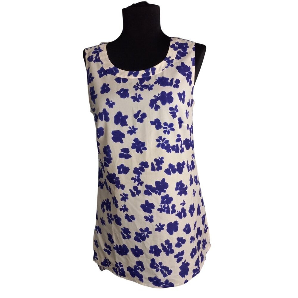 Cabi Womens XS Sleeveless Floral Striped Top Blue White Tunic Style 5357 Hi Low